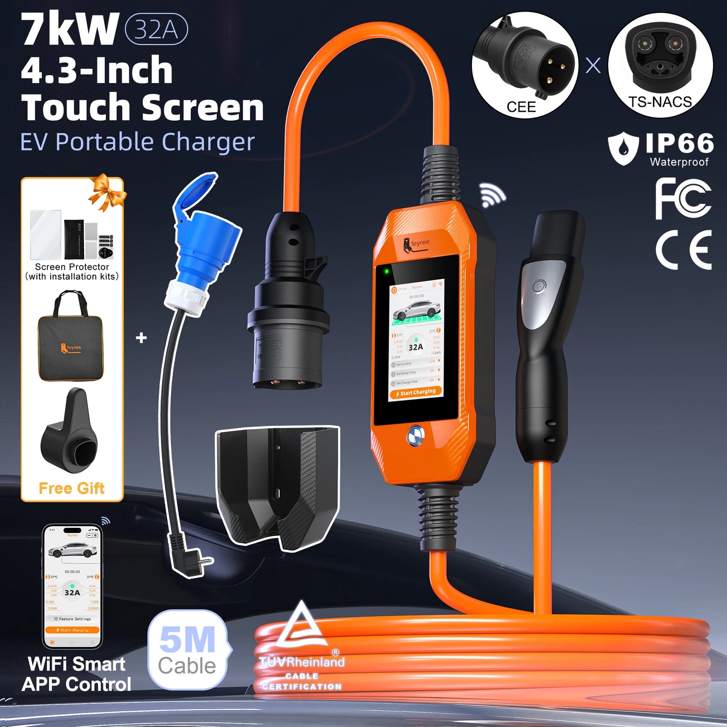 feyree Touch Screen Portable EV Charger Type2 / Type1 / GBT / TS-NACS Socket EV Charger 32A 7KW 1 Phase Smart APP Wi-Fi Control