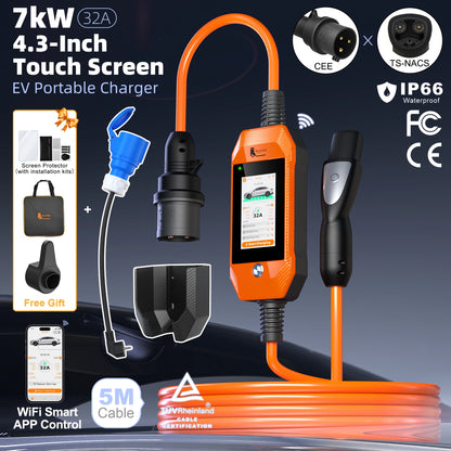 feyree Touch Screen Portable EV Charger Type2 / Type1 / GBT / TS-NACS Socket EV Charger 32A 7KW 1 Phase Smart APP Wi-Fi Control