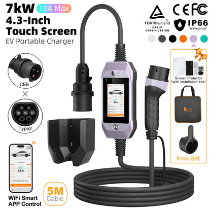 feyree 4.3 Inch Touch Screen Portable 7kW EV Charger Type2 Charging Plug with Smart Wifi APP AC Home Charger Professional Design