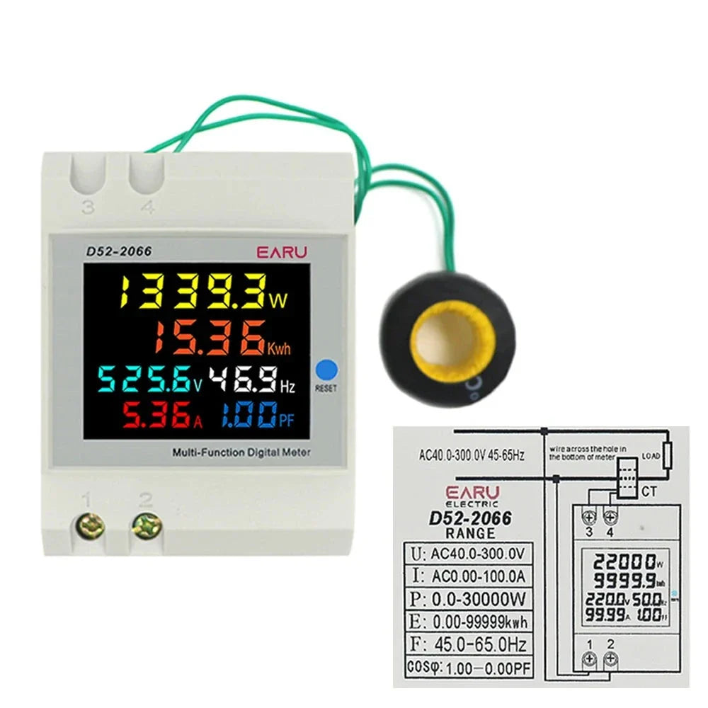 6IN1 Display Smart Meter Din Rail AC Monitor Voltage Current Power Factor Active KWH Electric Energy Frequency Meter D52-2066 by 54Grid - Renewable Energy Store
