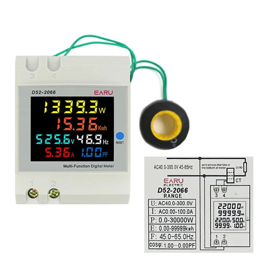 6IN1 Display Smart Meter Din Rail AC Monitor Voltage Current Power Factor Active KWH Electric Energy Frequency Meter D52-2066 by 54Grid - Renewable Energy Store