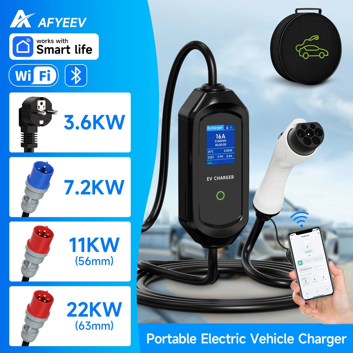 GB/T Portable EV Charger 3.6KW 7.2KW 11KW 22KW WiFi Bluetooth APP Control Adjustable Current IP65 Waterproof with 5m Cable and 2.8" LCD Display