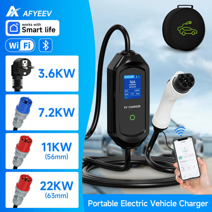 GB/T Portable EV Charger 3.6KW 7.2KW 11KW 22KW WiFi Bluetooth APP Control Adjustable Current IP65 Waterproof with 5m Cable and 2.8" LCD Display