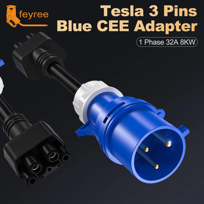 feyree for TS-NACS 3 pin Blue CEE Adapter for Tesla Model S,3,X,Y Gen 2 EV Charger Extension Connector 240V Outlet at 32A 10Inch