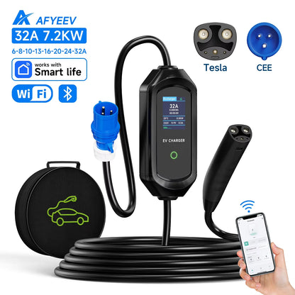 AFYEEV 16A/32A Portable EV Charger For Tesla EVSE Charging Box EU US CEE Plug Electric Car Charger For Tesla Model X/Y/S/3