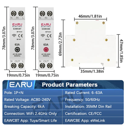 Tuya eWeLink WiFi Smart Circuit Breaker MCB 1P+N 63A Time Relay Switch Energy Meter kWh Voltage Current Protector Remote Control