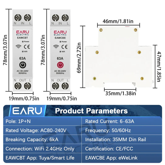 Tuya eWeLink WiFi Smart Circuit Breaker MCB 1P+N 63A Time Relay Switch Energy Meter kWh Voltage Current Protector Remote Control