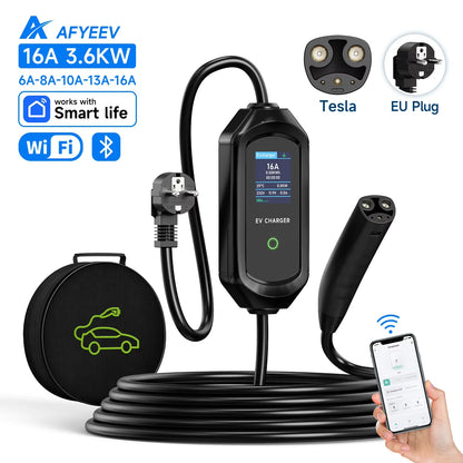 AFYEEV 16A/32A Portable EV Charger For Tesla EVSE Charging Box EU US CEE Plug Electric Car Charger For Tesla Model X/Y/S/3