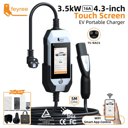 feyree Portable EV Charger For Tesla 3.5kW 16A 1Phase 4.3in Touchscreen With WiFi APP Control with Box Holder For EV Car Charger