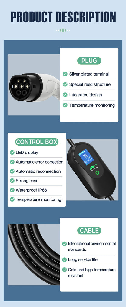 AFYEEV 3600W Portable Type 2 IEC62196-2 EV Charger Type1 SAE J1772 Electric Car Charger EU Plug WiFi Bluetooth APP Control