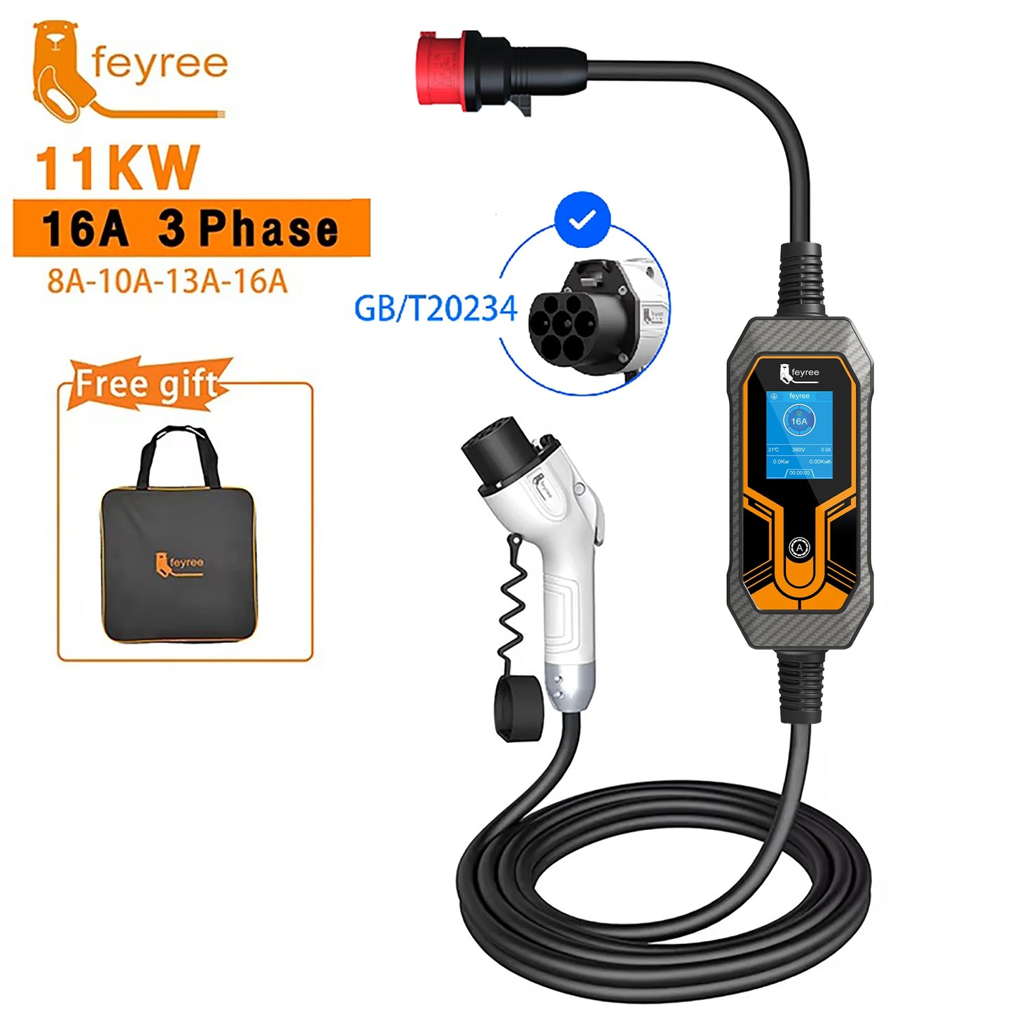feyree 11KW 16A 3 Phase GB/T Cord EV Charger Adapter Portable Charging Box EVSE Car Charger with 5m Cable for Electric Vehicle