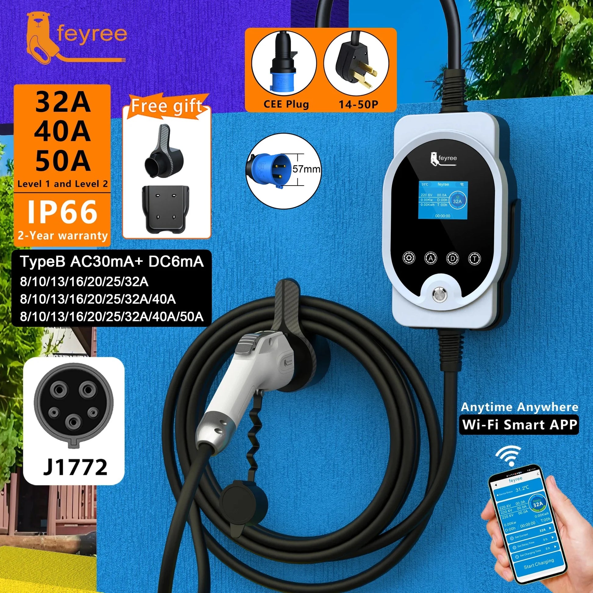 feyree Portable EV Charger Type1 Plug 32A 40A 50A EV Fast Charging Cable 5m Electric Car Charging Station wallbox Adjust Current by 54Grid - Renewable Energy Store