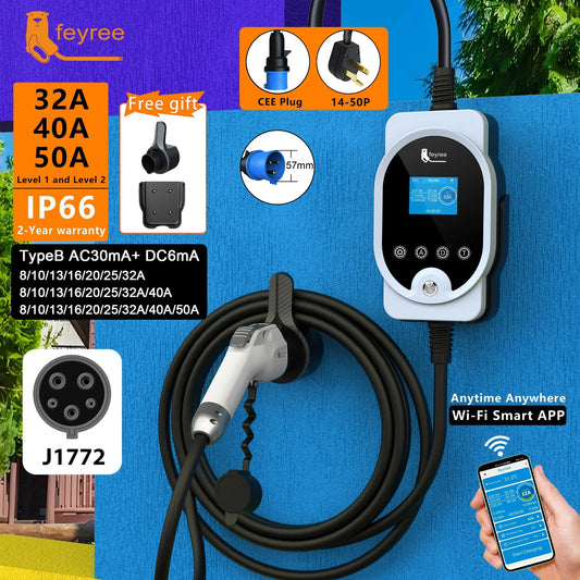 feyree Portable EV Charger Type1 Plug 32A 40A 50A EV Fast Charging Cable 5m Electric Car Charging Station wallbox Adjust Current by 54Grid - Renewable Energy Store