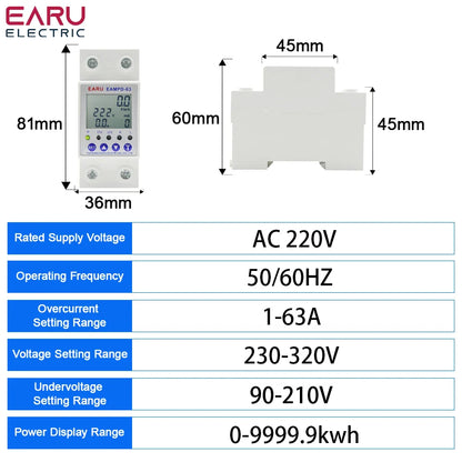 63A AC 230V Earth Leakage Relay with Voltage Protector & Display by 54Grid - Renewable Energy Store