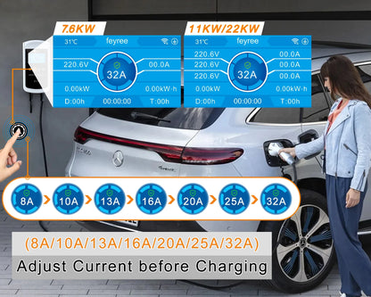 feyree GB/T Socket EV Charger 7.6kw 32A Wallbox 4.3 inch Big Screen APP Charge History Record 11kw 22kw 3 Phase Charging Station