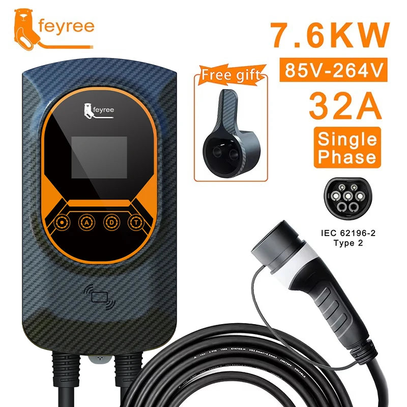 feyree EV Charger Type2 32A 7.6kW EVSE Wallbox 2.8inch Screen Current Adjustable Wallmounted Charging Station for Electric Car