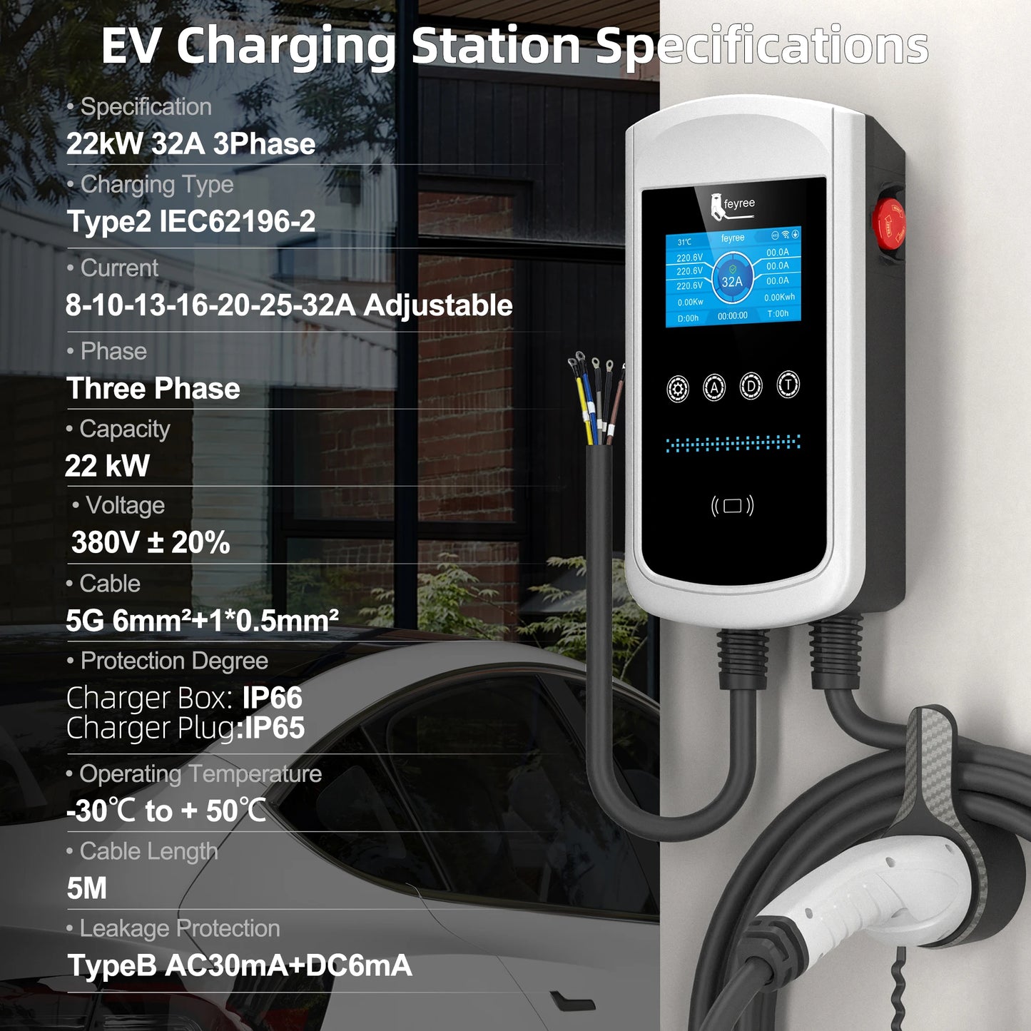 feyree Type2 32A 7kW 1P DLB EV Charger 4.3inch Screen Dynamic Load Balancing 11kW 22kW 3P EVSE Wallbox Station with Charging LOG