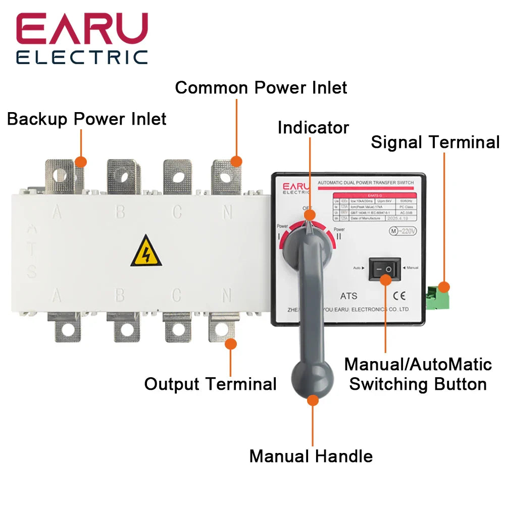4P 250A AC400V ATS PC Automatic Transfer Switch Electrical Selector Switche  Auto or Manual 2 Input 1 Output Uninterrupted Power