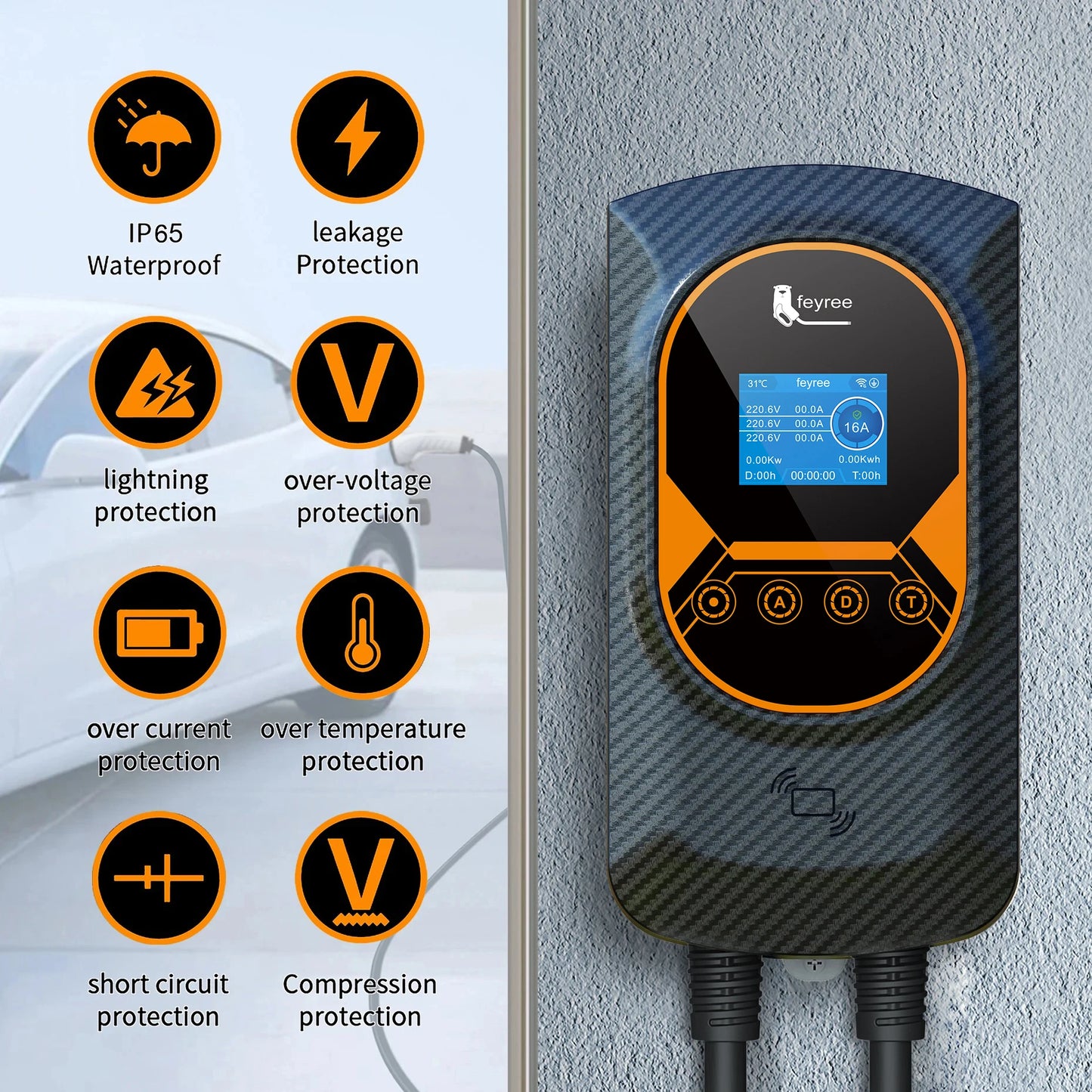 feyree EV Charger GB/T Socket EVSE Wallbox 32A 22KW 3Phase 16A 11KW Electric Vehicle APP Control Charging Station 7.6KW 5m Cable