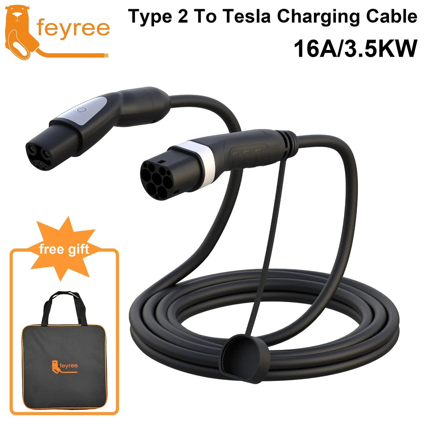 feyree 32A 7KW 1Phase Type2 to TS-NACS Socket 16A 3.5KW EV Charger Cable 5m for Tesla Model 3 Y X S for Public Charging Station