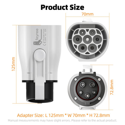 feyree EV Charger Adapter Type2 IEC62196-2 to Type1 Car Charging Socket AC Charger Adapter 32A 1Phase 3.5KW 7KW Max Electric Car