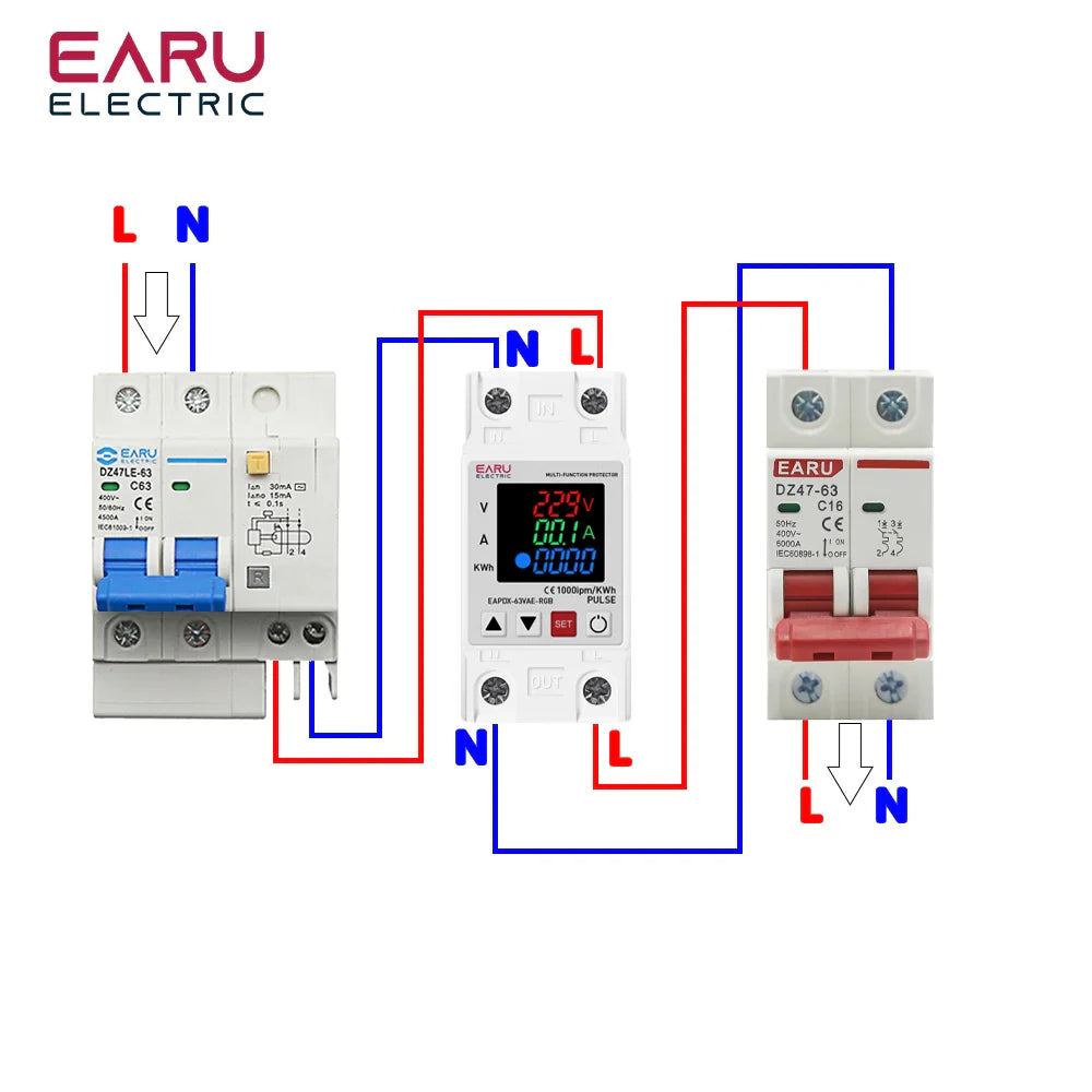 Din Rail Dual Display Adjustable Over Voltage Current and Under Voltage Protective Device Protector Relay 63A 220V 230V KWH by 54Grid - Renewable Energy Store