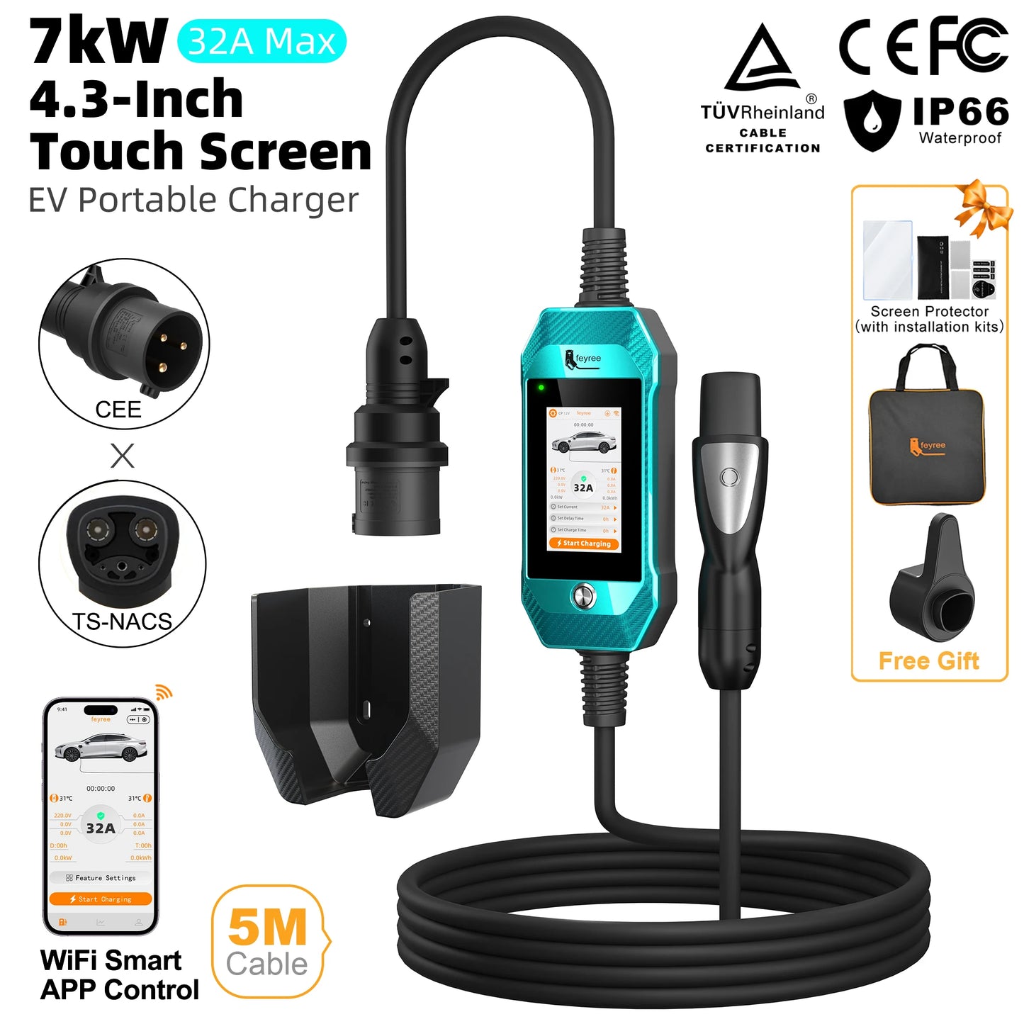 feyree EV Charger 4.3inch Touch Screen Type2 /Type1 /GBT /TS-NACS 32A 7kW 1P Portable Charger Smart APP WiFi Control for EV Cars