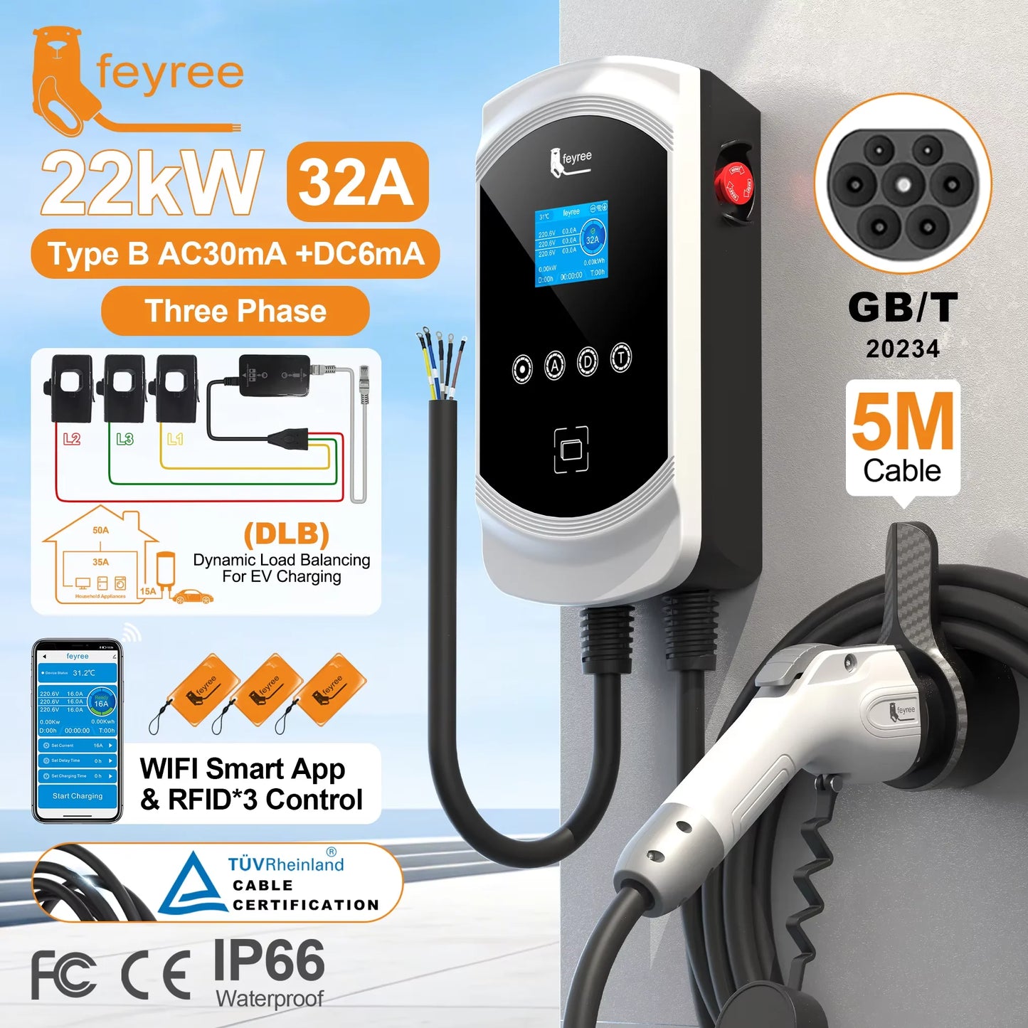 feyree EV Charger GB/T Socket Dynamic Loading Balance Charging Station 7kW 11kW 22kW APP Control for Electric Car EVSE Wallbox