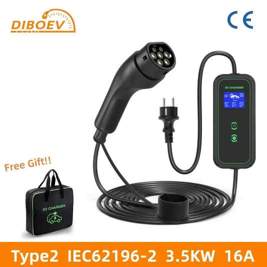 New 3.5KW 16A Portable EV Charger Type 2 IEC 62196 Wallbox Model 2 EVSE Equipment Home Car Charging With Cable 5M - 54Grid - Renewable Energy Store