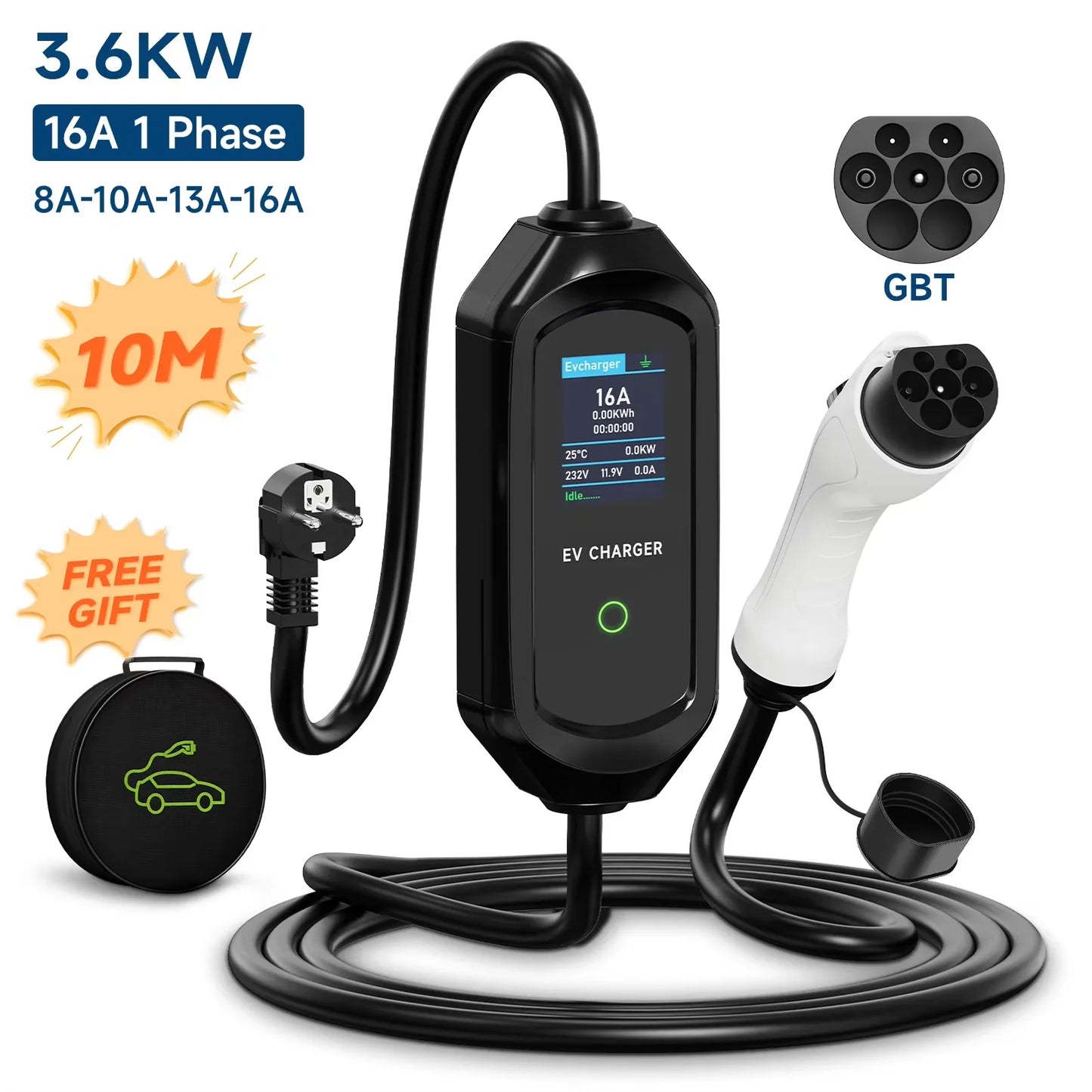 AFYEEV Portable Type2 IEC62196-2 EV Charger 16A GB/T EVSE Charging Cable Type1 SAE J1772 EU Plug Controller Wallbox for Car