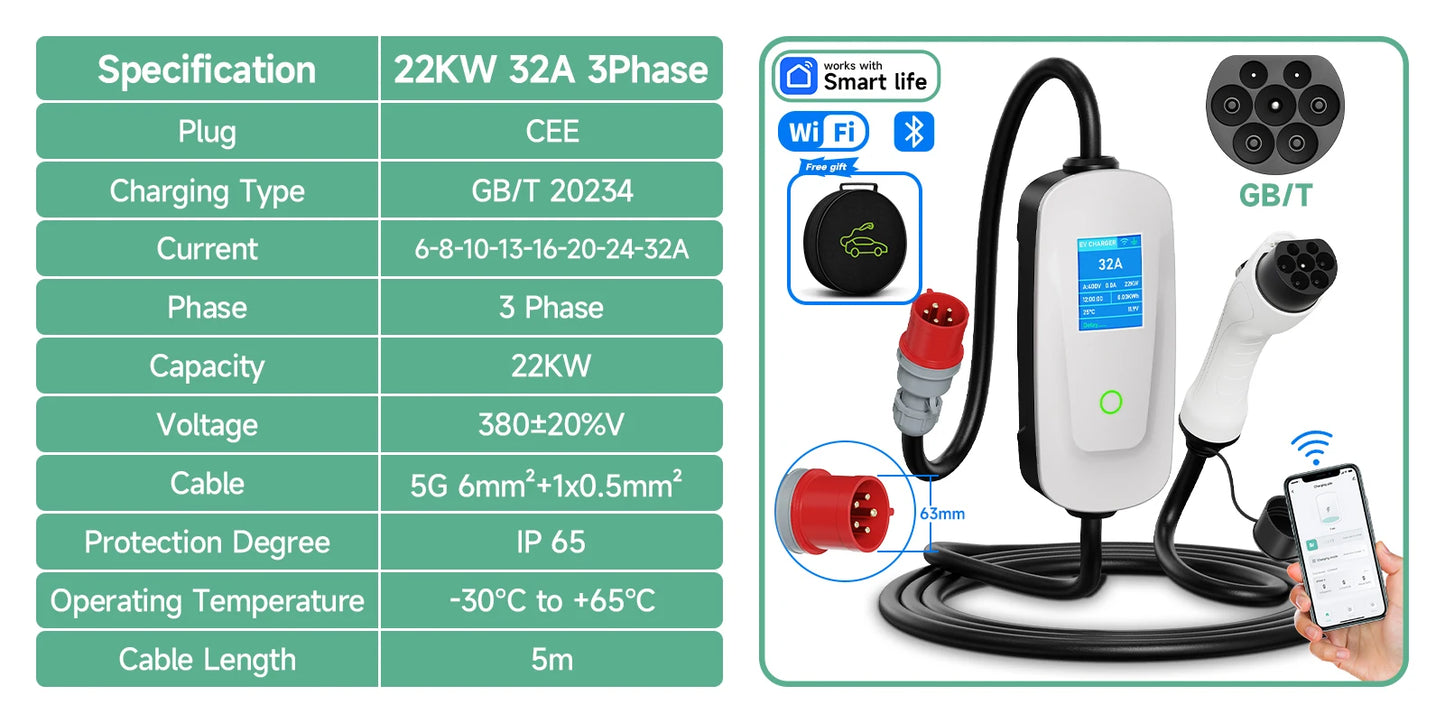 GB/T Portable EV Charger 3.6KW 7.2KW 11KW 22KW WiFi Bluetooth APP Control Adjustable Current IP65 Waterproof with 5m Cable and 2.8" LCD Display