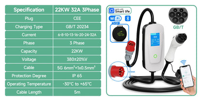 GB/T Portable EV Charger 3.6KW 7.2KW 11KW 22KW WiFi Bluetooth APP Control Adjustable Current IP65 Waterproof with 5m Cable and 2.8" LCD Display