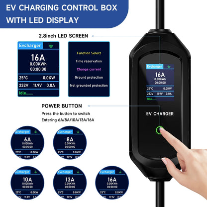 GB/T Portable EV Charger 3.6KW 7.2KW 11KW 22KW WiFi Bluetooth APP Control Adjustable Current IP65 Waterproof with 5m Cable and 2.8" LCD Display