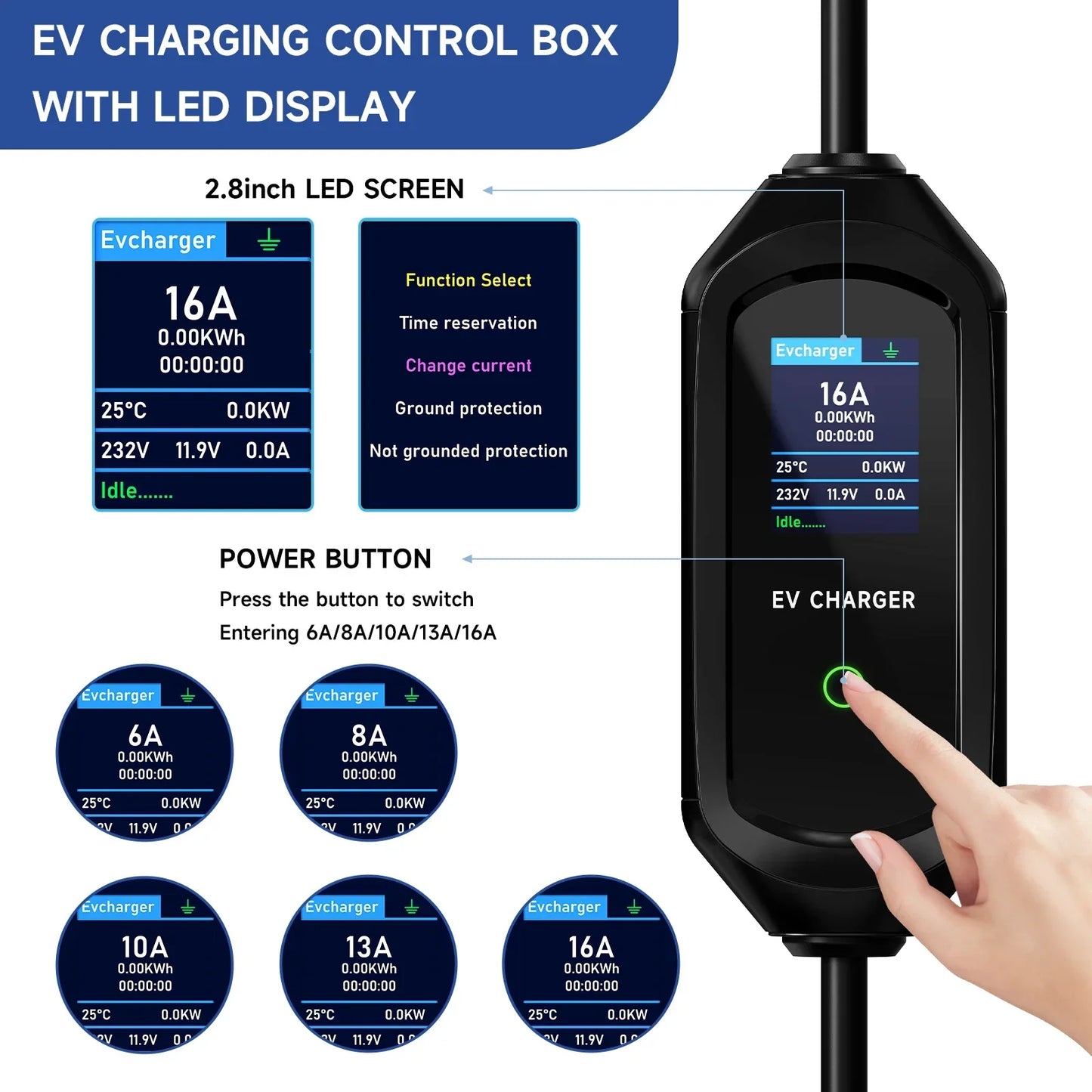 AFYEEV GB/T Portable EV Charger Electric Vehicle Charger EVSE Charging Cable WiFi Bluetooth APP Control 3.6KW/7.2KW/11KW/22KW