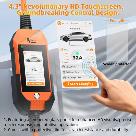 feyree 4.3Inch Touch Screen EV Charger 7kW 32A 1Phase TS-NACS Socket Smart WIFI APP Control EVSE Portable Box for Tesla EV Cars