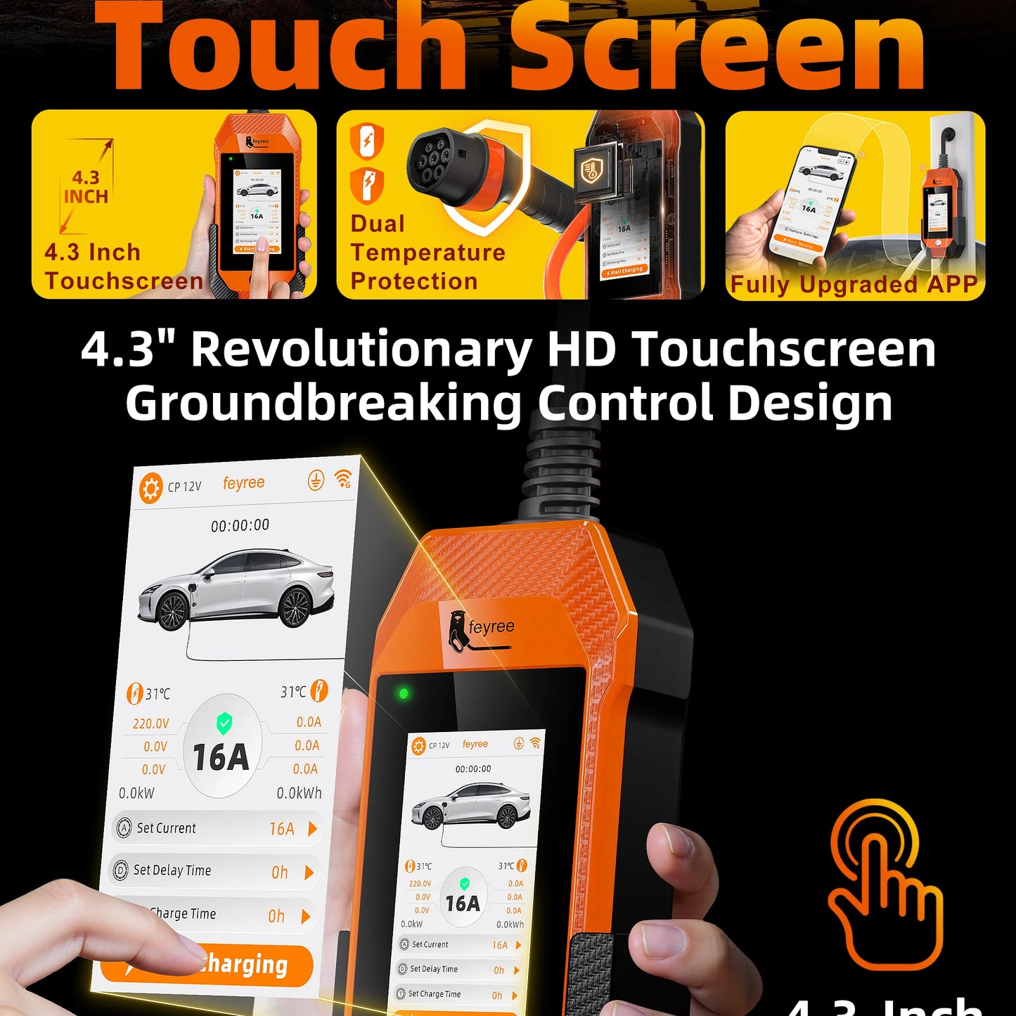 feyree 4.3inch Touch Screen Portable EV Charger Type2 / Type1 / GBT / TS-NACS EV Charger 16A 3.5kW 1Phase Smart APP WiFi Control