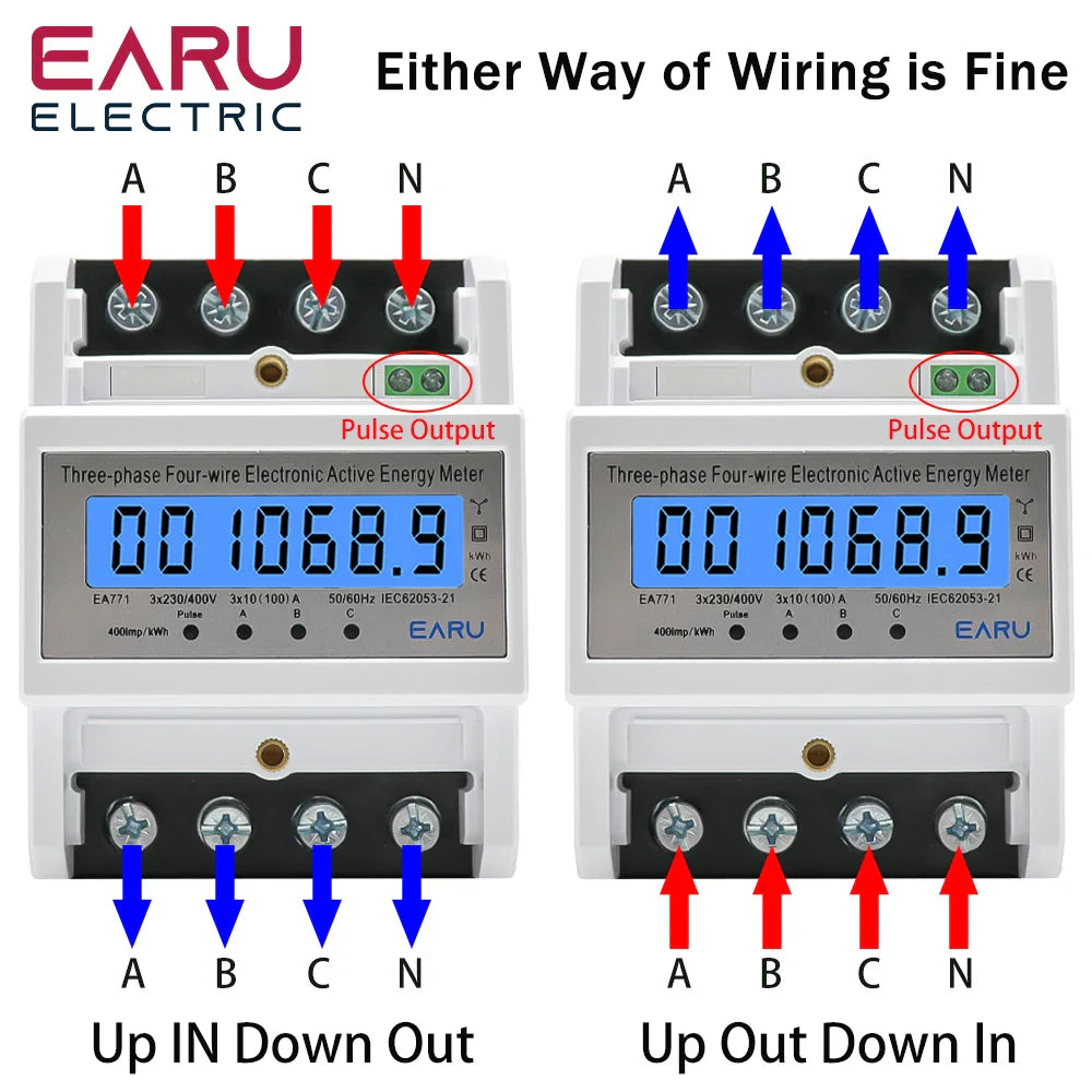 Din Rail AC 230 380V 3 Phase 4 Wire Energy Meter Power Consumption Monitor kWh Meter Wattmeter Bivolt 100A 50/60Hz LCD Backlight by 54Grid - Renewable Energy Store