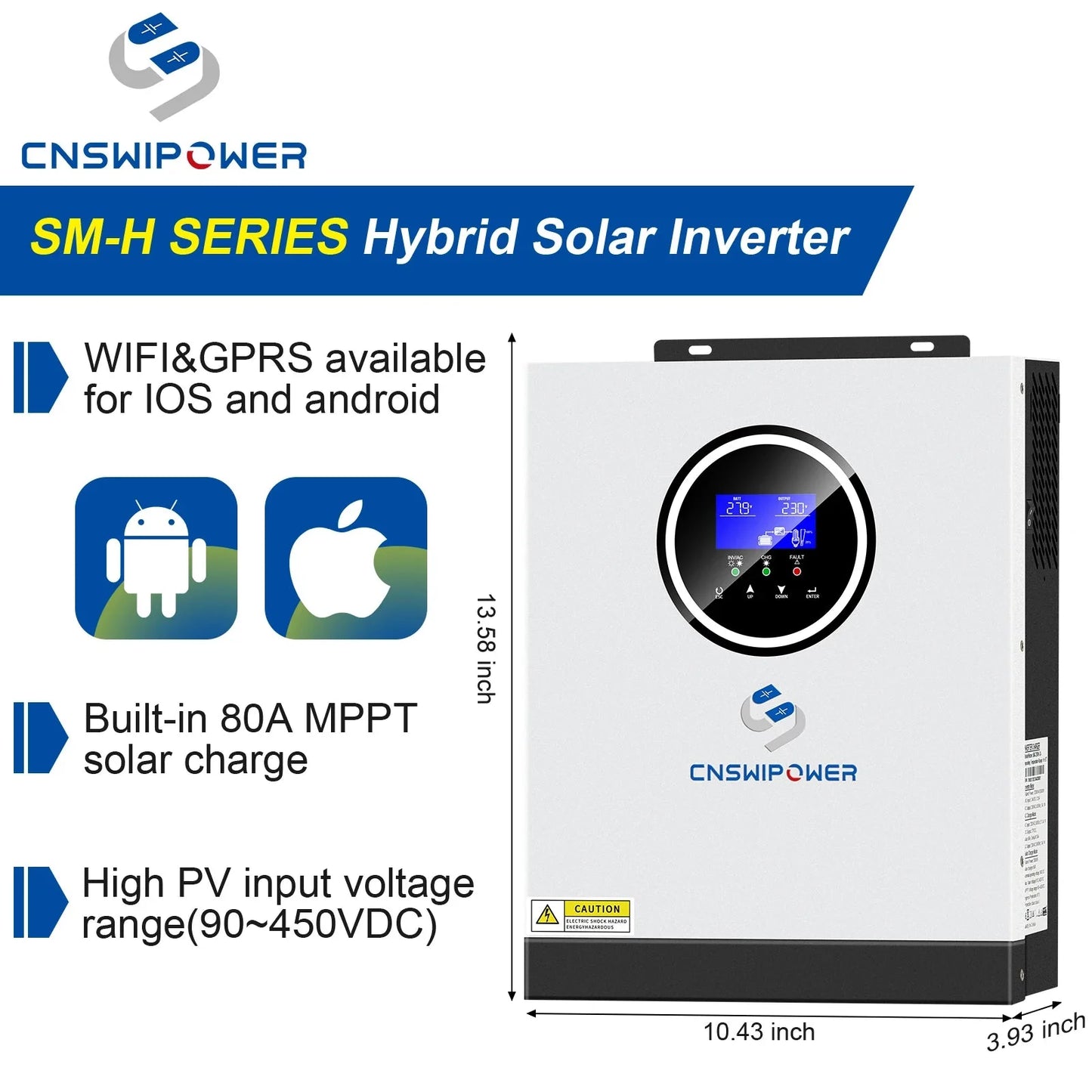 CNSWIPOWER Hybrid solar inverter 24V 220V-240V 3200VA 3000W Built-in 80A MPPT controller LCD screen - 54Grid - Renewable Energy Store