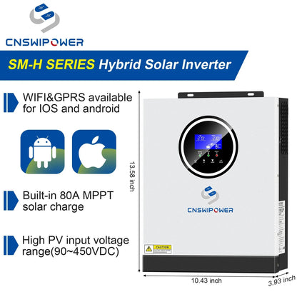 CNSWIPOWER Hybrid solar inverter 24V 220V-240V 3200VA 3000W Built-in 80A MPPT controller LCD screen - 54Grid - Renewable Energy Store