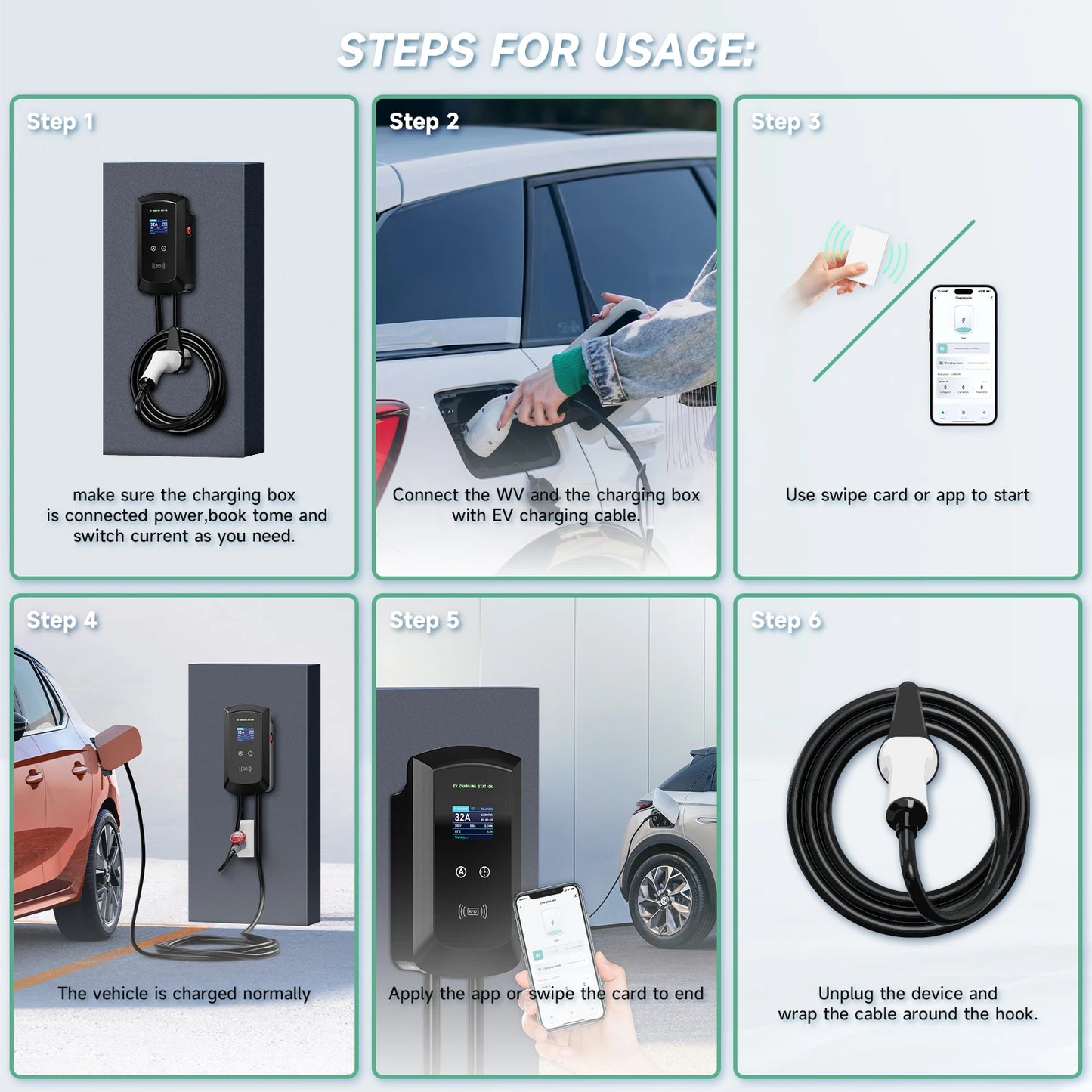 AFYEEV 32A EV Charging Station 22KW 3Phase Electric Vehicle Car Charger 11KW Type2 IEC62196-2 EVSE Wallbox APP Control 5m Cable