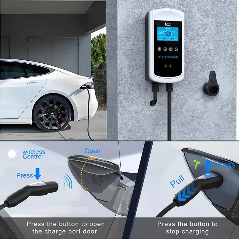 feyree EV Charging Station 32A 7KW TS-NACS Charger Plug for Tesla Car Charger EVSE Wallbox 9.6KW 12KW Fast Charging APP Control
