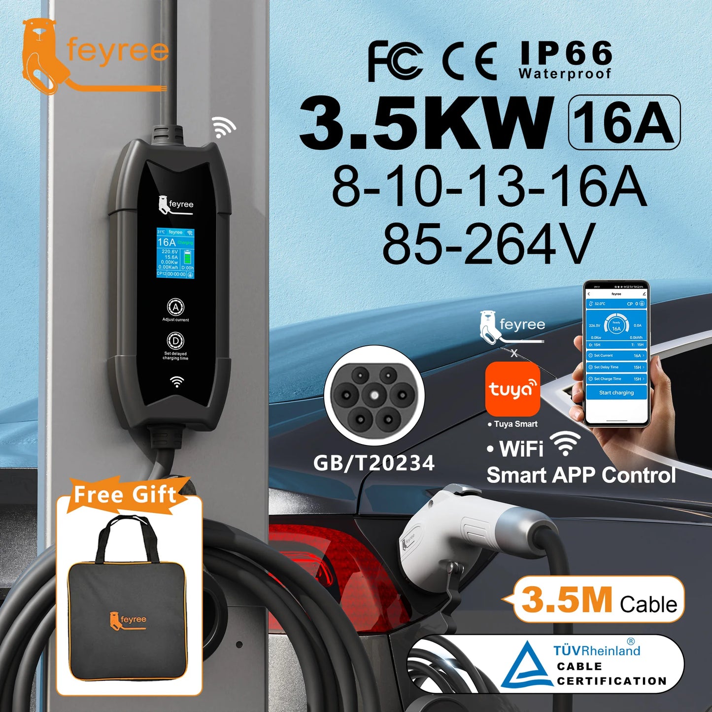 feyree GB/T Portable EV Charger 3.5m Cable with WIFI APP Control 16A 3.5kW Set Charging&DelayTime for EV Cars,Plug customizable
