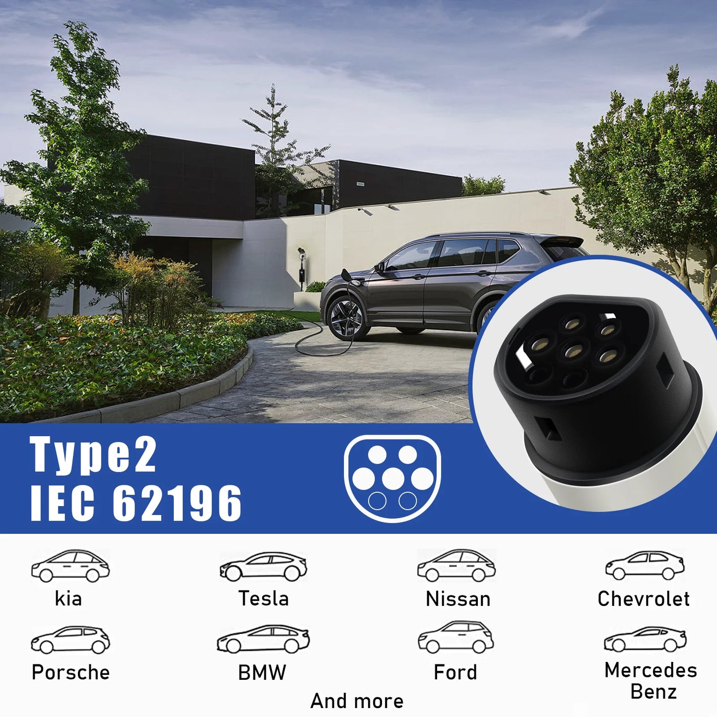 Portable Electric Vehicle Charger Type 1 Sae J1772 16A 32A Charging Cable Type 2 IEC62196-2 11KW EU Plug Controller Wall Box