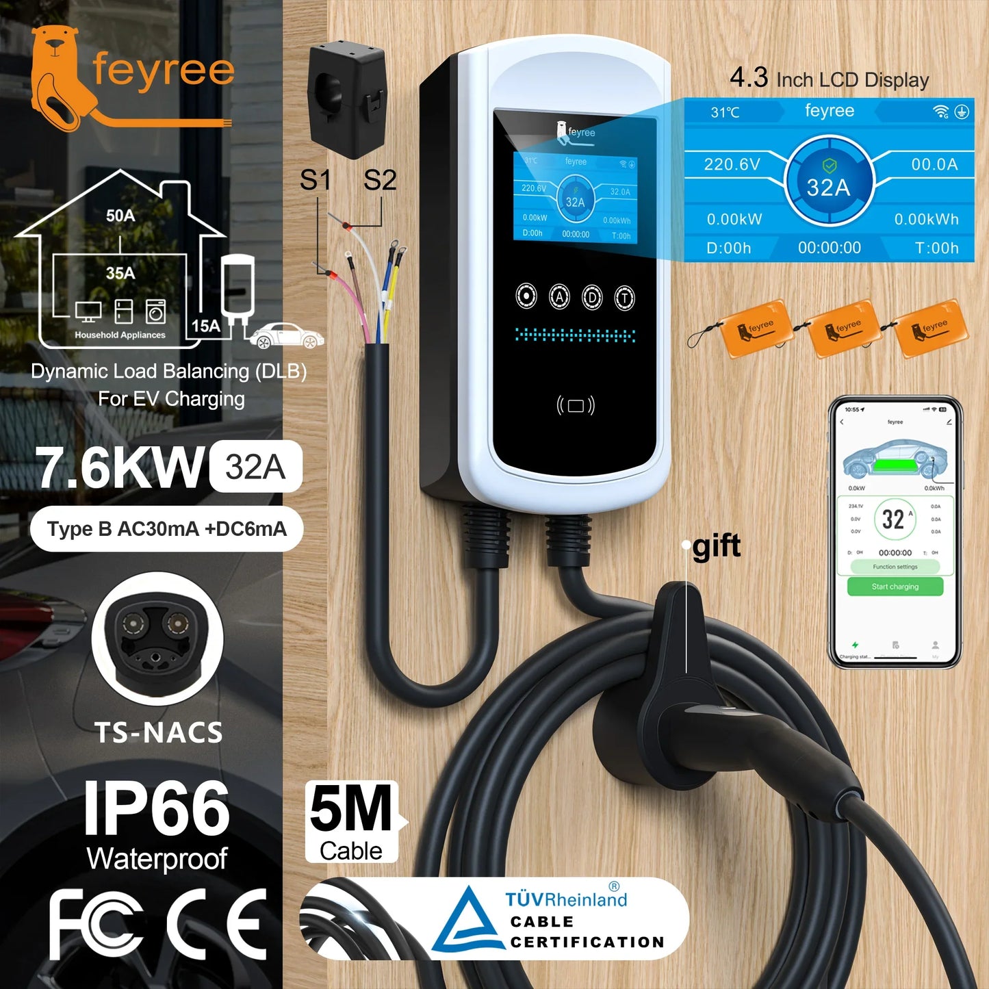 feyree Dynamic Load Blancing EV Charging Station 32A 7KW TS-NACS Charger Plug Car Charger EVSE Wallbox 9.6KW 12KW APP Control by 54Grid - Renewable Energy Store