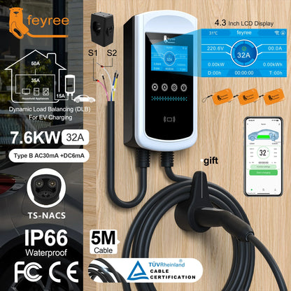 feyree Dynamic Load Blancing EV Charging Station 32A 7KW TS-NACS Charger Plug Car Charger EVSE Wallbox 9.6KW 12KW APP Control by 54Grid - Renewable Energy Store