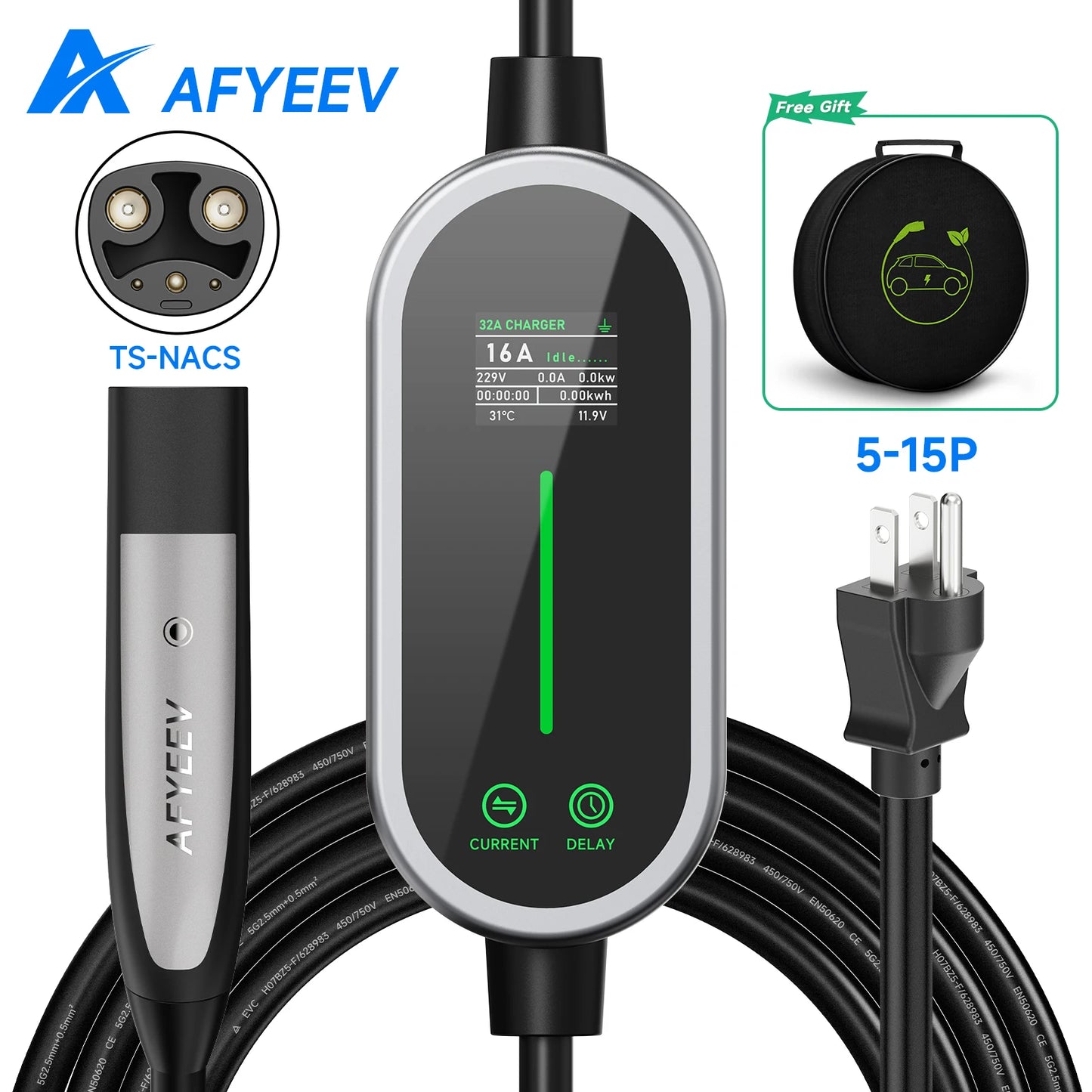 AFYEEV 16A 3600W Portable EV Charger For Tesla EU US Plug 5M TS-NACS Electric Car Charger For Tesla Model X/Y/S/3/Cybertruck