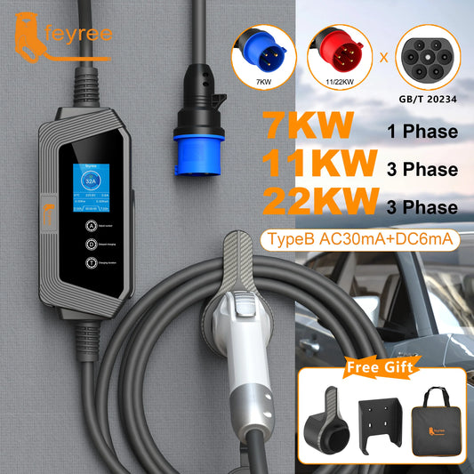 feyree EV Charger GBT Plug 7KW 32A 1P 5M Cable 22KW 11KW 3P Fast Charging for Electric Vehicle Car EVSE Portable Charging Box