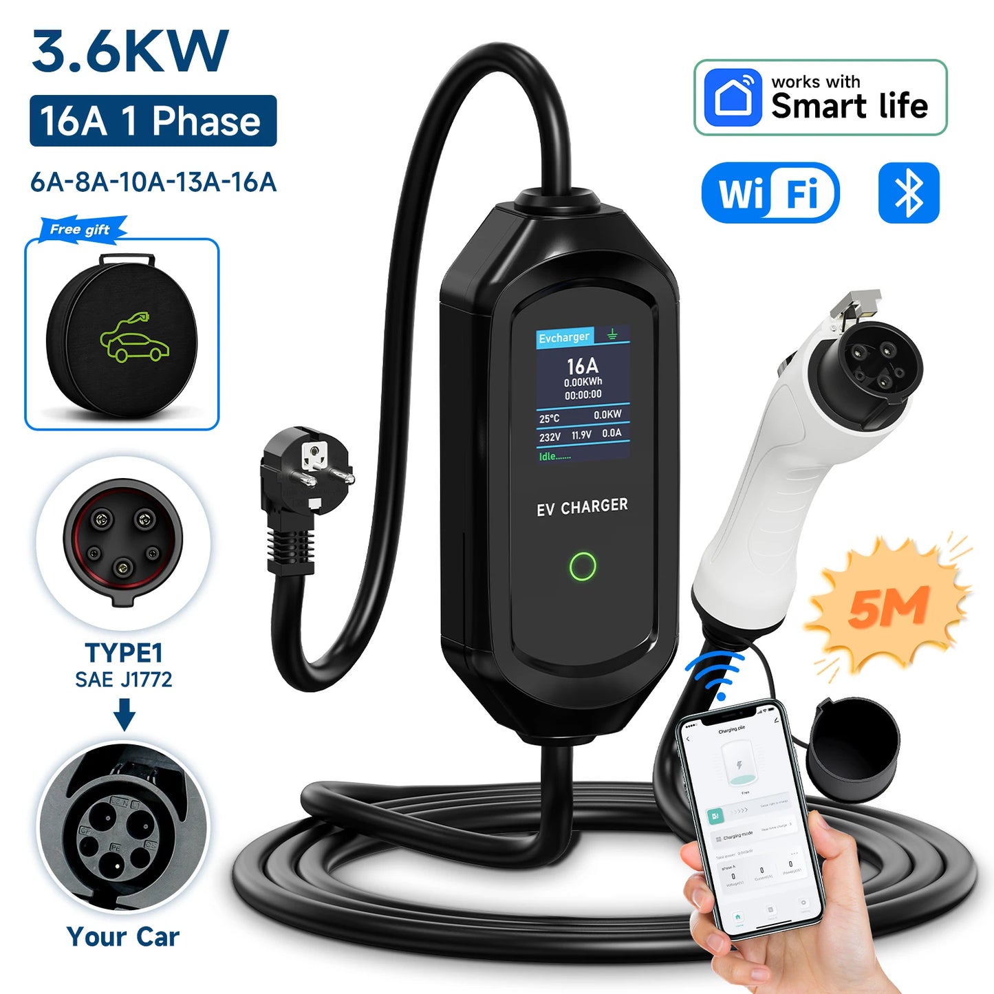 AFYEEV 3600W Portable Type2 IEC62196-2 EV Charger Type1 SAE J1772 Electric Car Charger GBT EVSE Charging Cable Wallbox EU Plug