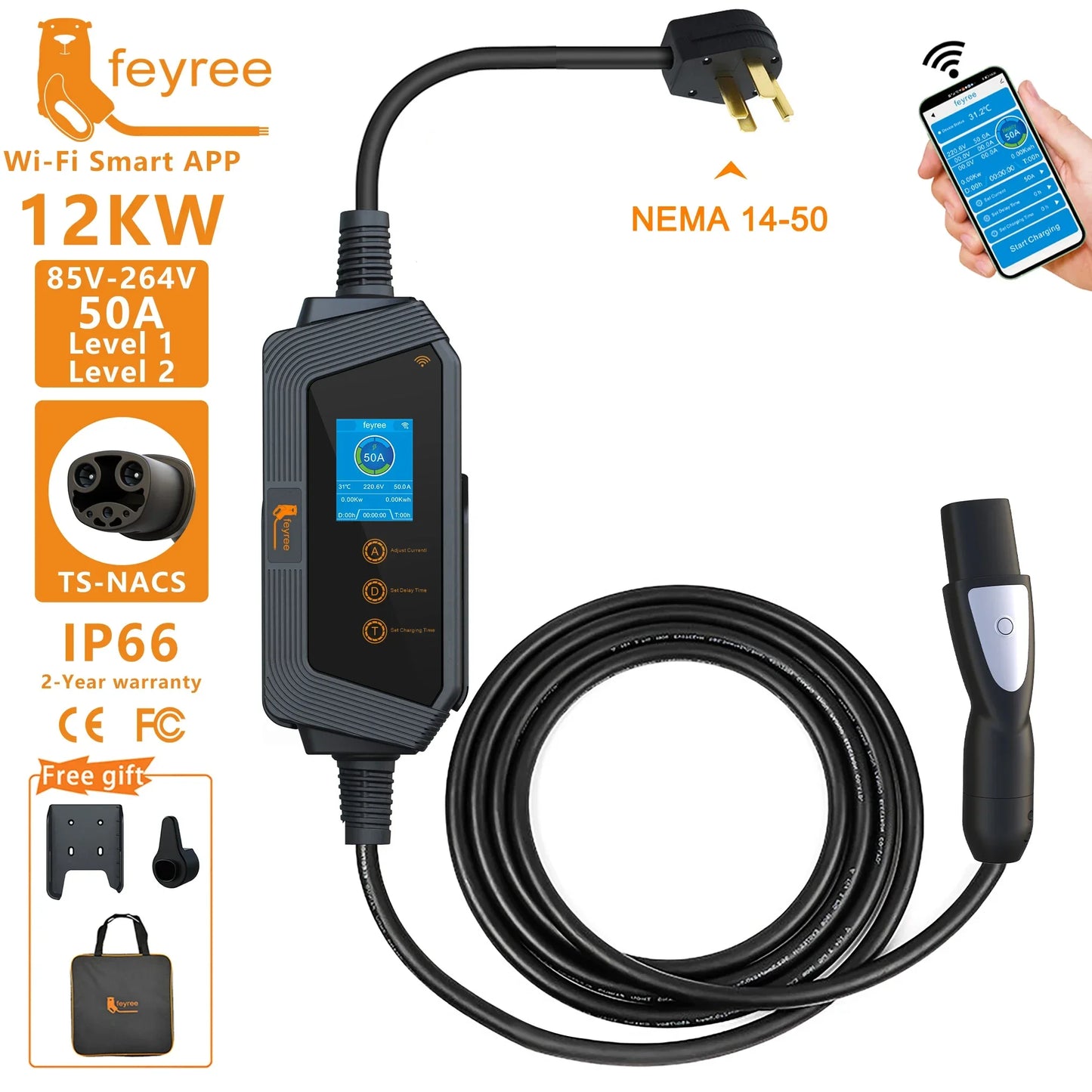 feyree Portable EV Charger TS-NACS Connector 32A up to 50A 12KW High Power EV Wallbox with Smart APP WIFI for All Tesla Models by 54Grid - Renewable Energy Store