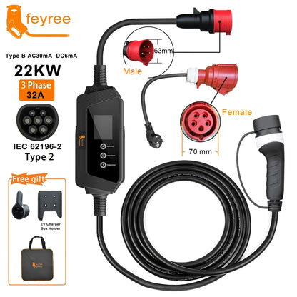 feyree 22KW 32A 3Phase EV Charger Type2 Portable EV Charger EVSE Charging Box 5m Cable with Socket IEC62196-2 for Electric Car